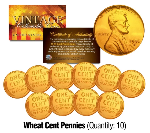 Lincoln Head 1950/40's WHEAT Cent Pennies U.S. Coins 24K GOLD PLATED (Lot of 10)