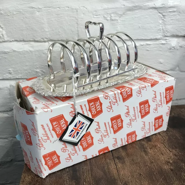 Vintage Queen Anne Silver Plated Toast Rack on Tray 6 Slice Original Box