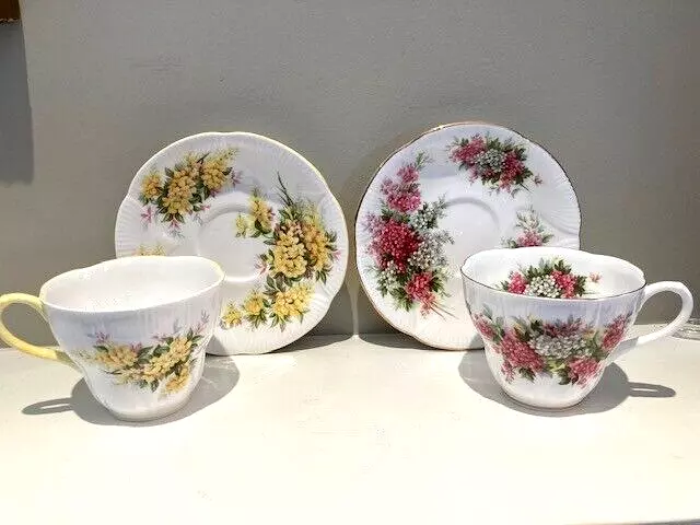 Two Royal Albert Bone China Teacups & Saucers, Blossom Time series "Hawthorn" 2