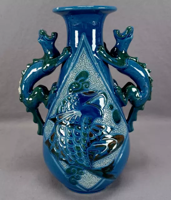 CH Brannam Blue & Green Arts & Crafts Art Pottery Fish Vase With Dragon Handles