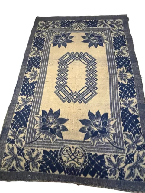 Vintage 100% Wool Thick Royal Holland Blanket Floral Blue Rose Size 97x60 Leiden 2