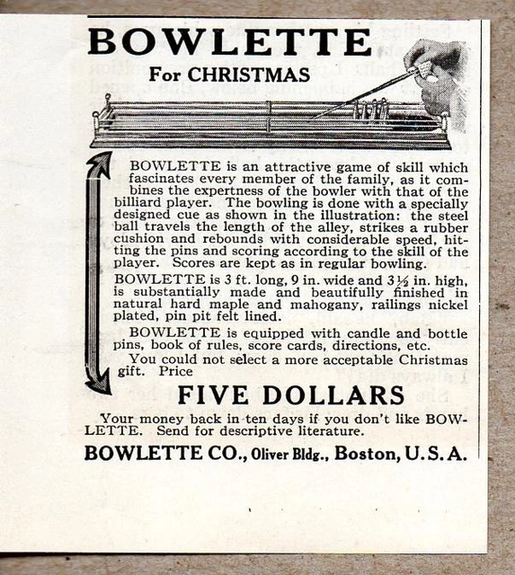 1915 Print Ad Bowlette Skill Game Boston,MA