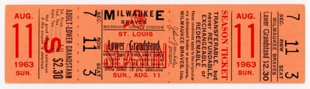 1963 Braves Cardinals full ticket, HOFr Mathews HR #415, Hank Aaron, Stan Musial