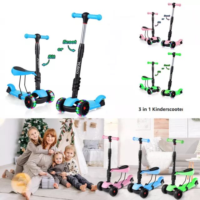 LED Kinderroller Dreirad Scooter mit Sitz Laufrad Kickroller für Jungen Mädchen