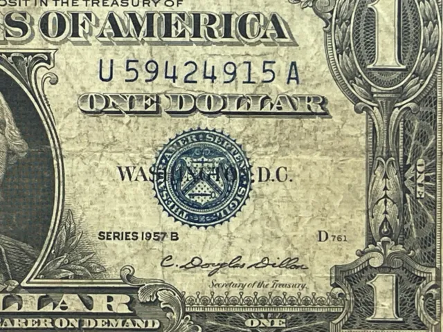 Series 1957 B Silver Certificate One Dollar Bill U59424915A Blue Seal