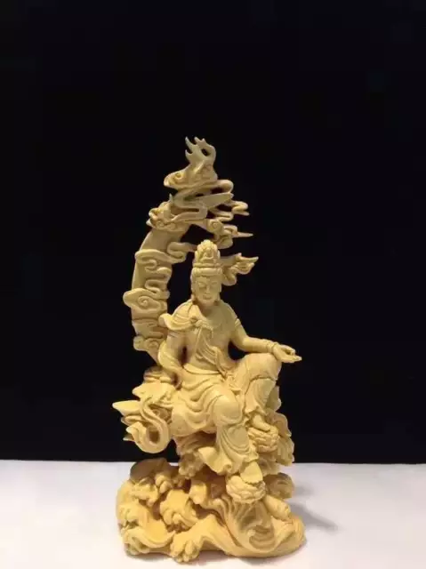 Chinese Boxwood Huang-yang wood carving guanyin kwanyin statue黄杨木.水月观音6019