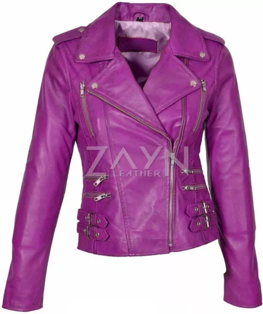 Women's 100% Real Lambskin Leather Biker Motorcycle Jacket Purple/Blue/Red/Green