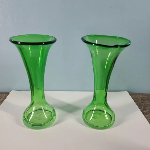 Pair of Vintage Hand Blown Green Glass Vases Aseda Style MId Century Modern