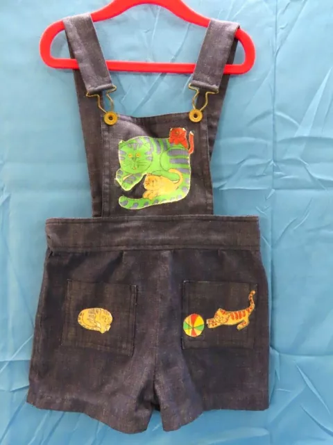 VTG 70's JEANS DENIM OVERALLS Shorts Shortalls KITTY CAT PATCHES Kids 8 (23"w)