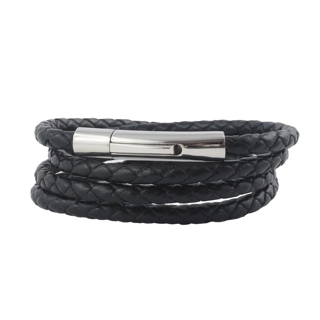 Auroris Geflochtenes Echtleder-Armband - 5mm Schwarzes Rindsleder Mit Edelstahl-Hebeldruckverschluss