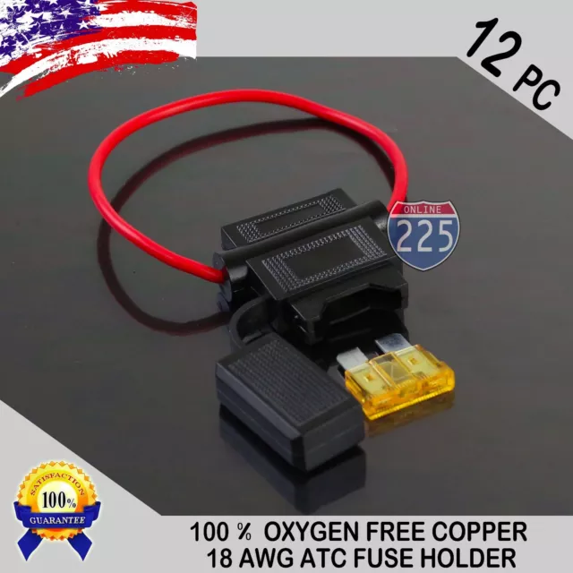 12 Pack 18 Gauge ATC In-Line Blade Fuse Holder 100% OFC Copper Wire + 1A - 40A