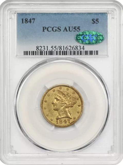 1847 $5 Liberty Gold Half Eagle PCGS AU55 CAC