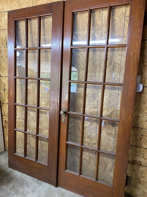 Antique C-1900-20  Solid Oak Wood Double French  Doors 64” X 80” 15  Pane Glass