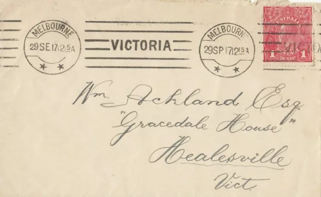 Stamp Australia 1d rose red KGV G63 single watermark rough on 1917 plain cover