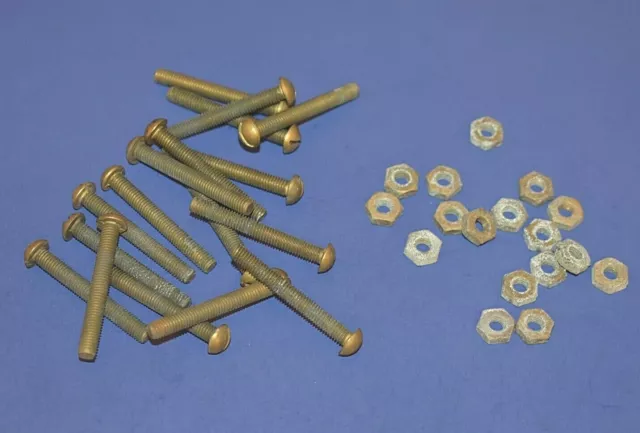 17 Vintage 10-32 x 1 1/2" Slotted Round Head Solid Brass Machine Screws & Nuts