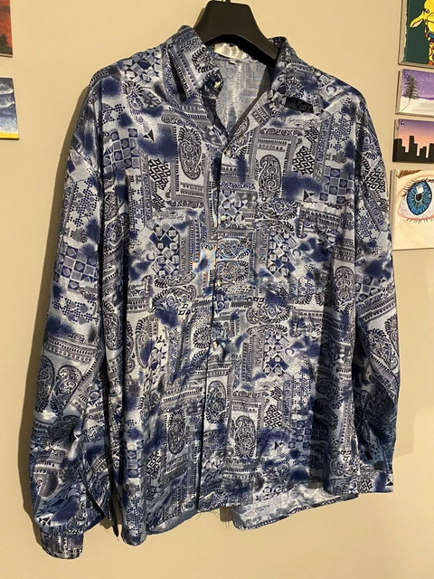 Camicia di seta tailandese champagne design blu taglia XXL ottime condizioni