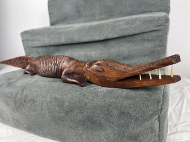 Vintage collectable Hand carved wooden crocodile With Teeth 21 inches long Afro