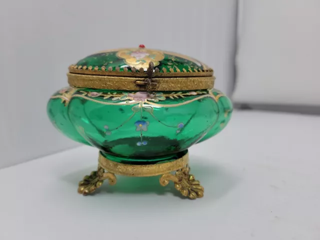 Antique Bohemian Moser Style Green Glass With Gold & Enamel Design Trinket Box