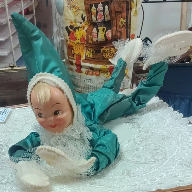 Elf Pixie Bed Doll Face Green Shelf Sitter Vintage Poseable 1950s Jester Doll