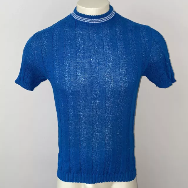 Vtg 50s 60s Mens Medium Sweater Shirt S/S Blue Knit Polyester Midcentury Mod 3