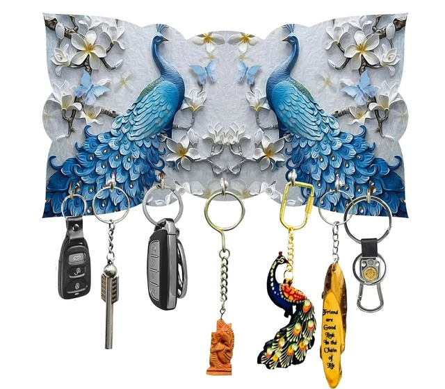 New 7 Hooks Wooden Art Work 3D Wall Peacock Painting Key Holder for Wall Decor