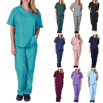2Pcs Set Unisex Medical Nursing Scrub Suit Nurse Uniform T-Shirt Tops Pants Set