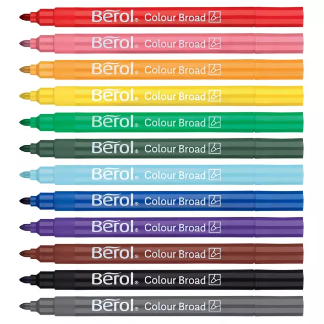 Berol Fibre Tip Colouring Markers 42, Broad Point 1.2 mm, Washable, Assorted Tub