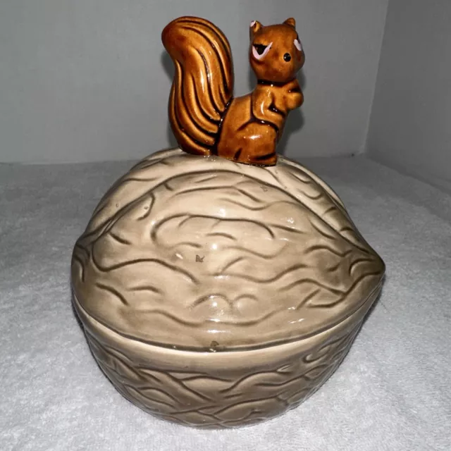 Vintage MCM Ceramic Squirrel Walnut Nut Jar Candy Dish Canister with Lid 2