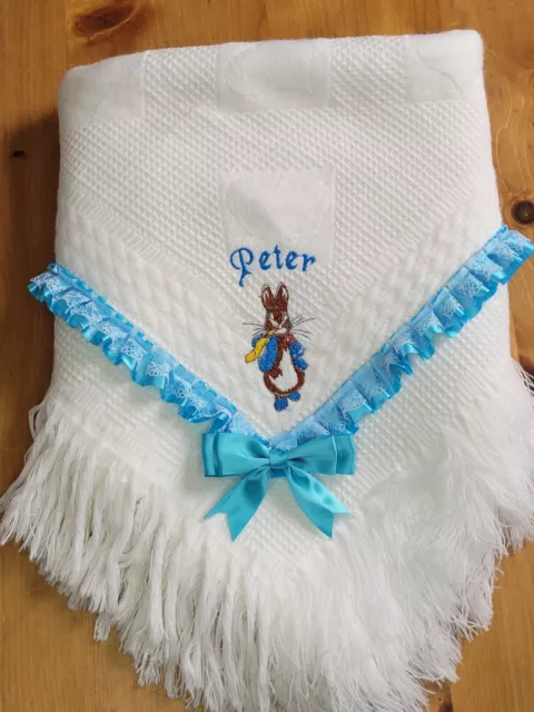 Babys plain or personalised christening/birth shawl/blanket peter rabbit