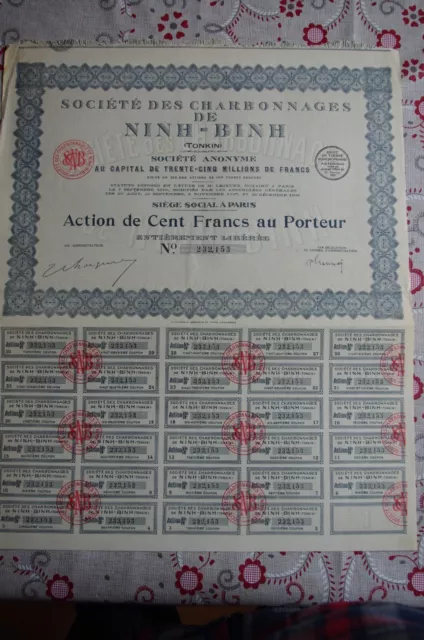 Action De Cent Francs Au Porteur - Societe Charbonnages De Ninh-Binh (Tonkin )