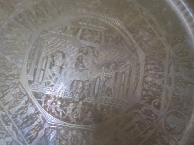 Vintage Egyptian Etched Copper Table Tray Pharaohs Scene Hieroglyphics 27"