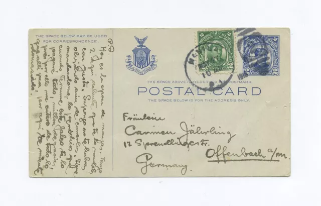 1915 US Philippines uprated 2 Ct postal stationery card to Germany