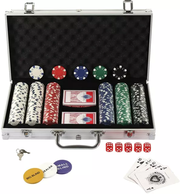 Malette de Poker avec 5 Dés 300 Jetons 2 jeux de Cartes Jeu de Hasard