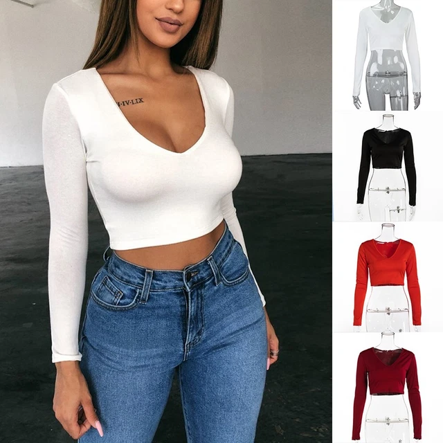Top Corto da Donna T-Shirt Elasticizzato Aderente Viaggio 4 Color Camicetta Crew