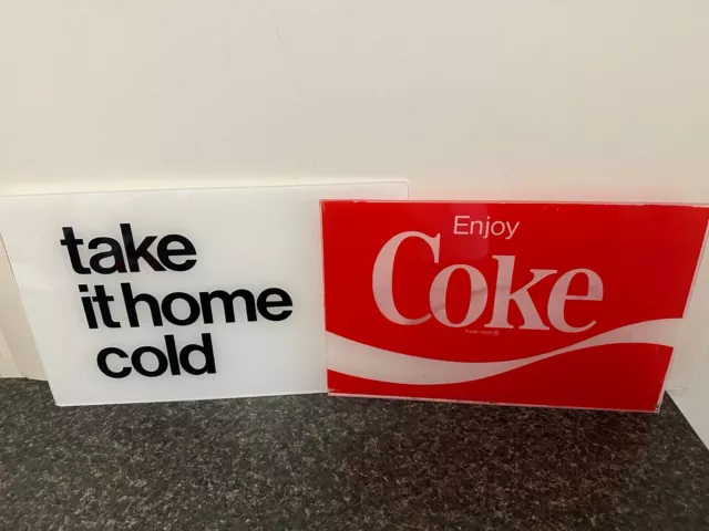 2 Vintage Plexiglass Coca Cola Coke Sign – white and red