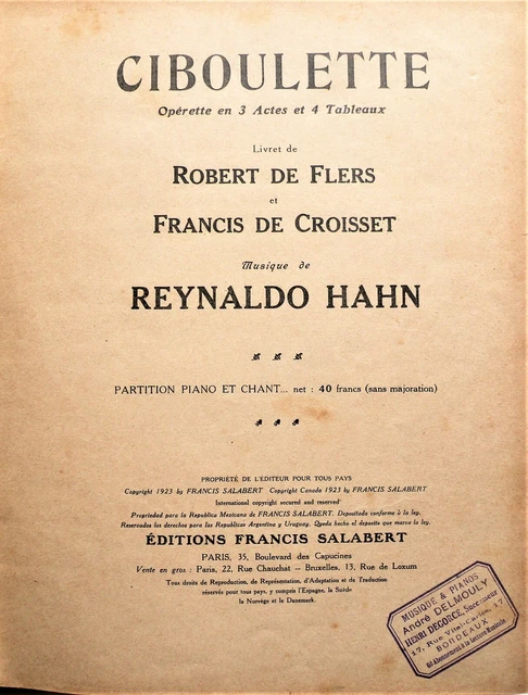 LIVRE ANCIEN, Partitions, CIBOULETTE. Reynaldo Hahn. F.Salabert éditeur.