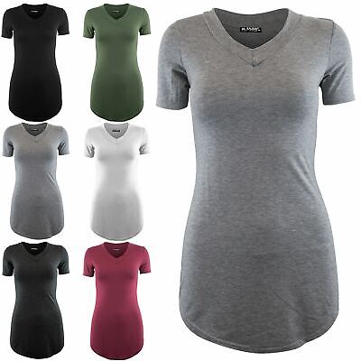 Womens Ladies Short Sleeve Curved Hem V Neck Stretchy Pullover Tee T Shirt Top