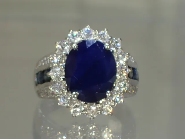 12x10mm Blue Sapphire-White CZ 14K Gold Plated on .925 Silver Sz 7 Ring  #1349
