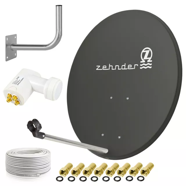 ZEHNDER Digitale SAT Anlage 80cm Schüssel + Quad LNB + Kabel + Wandhalter Set d