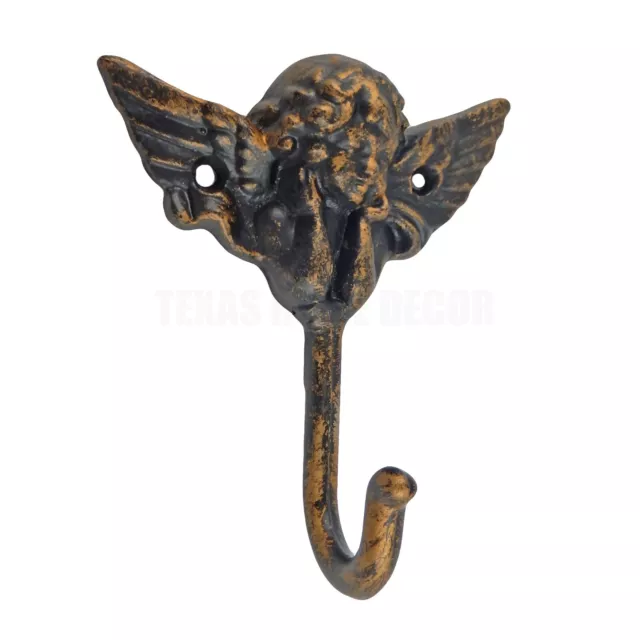 Metal Angel Cherub Wall Hook Cast Iron Key Towel Coat Hanger Rustic Gold Finish