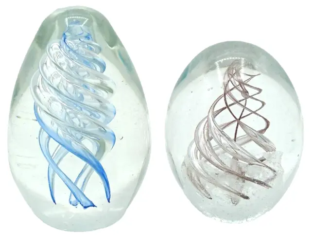 2 x Beautiful Vintage Swirls Clear Glass Domed Paperweights Swirling