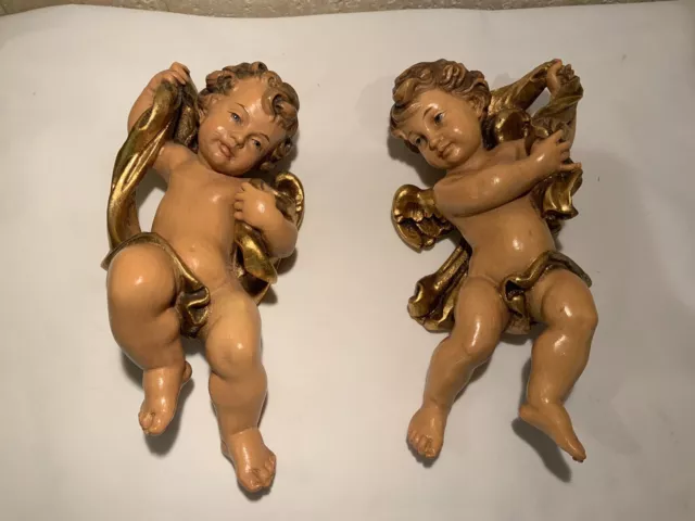 Set Of 2 ANRI 8” Wood Carving Of Angel/Cherub Hanging Figurine  Italy