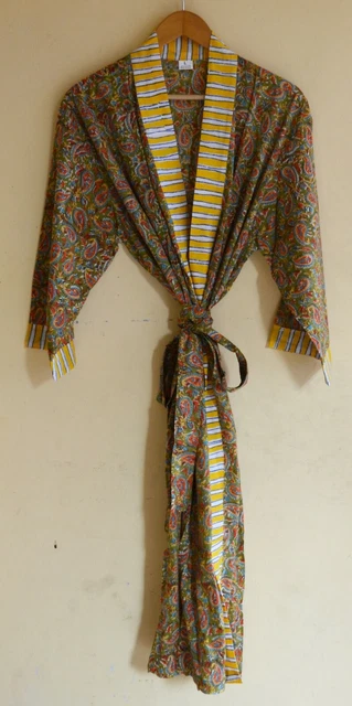 Kimono Fiore Mano Blocco Accappatoio Donna Abito Lungo Notte Indossare Top Beach