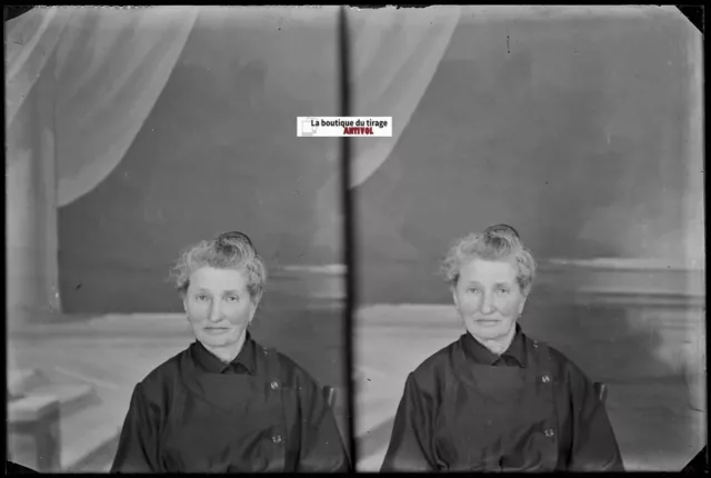 Femme, portrait, Plaque verre photo ancienne, négatif noir & blanc 10x15 cm