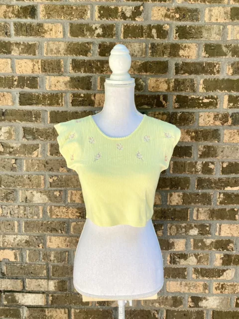 Free People Baby Tee Yellow Crop Summer Top Shirt Medium Knit Embroidery NEW