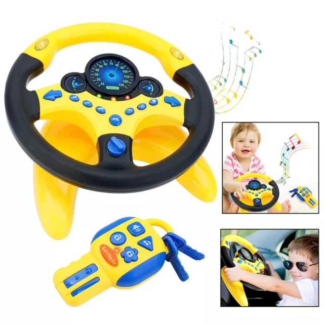 Yellow Kids Steering Wheel Car Key Simulated Driving Toy Fun Gift w/Light Music