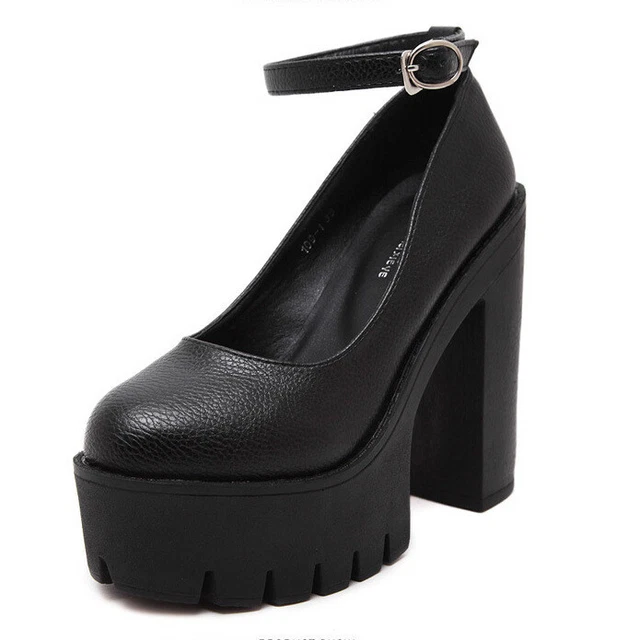 Womens Buckle Ankle Strap Platform Leather Block High Heel Pumps Fashion Shoes