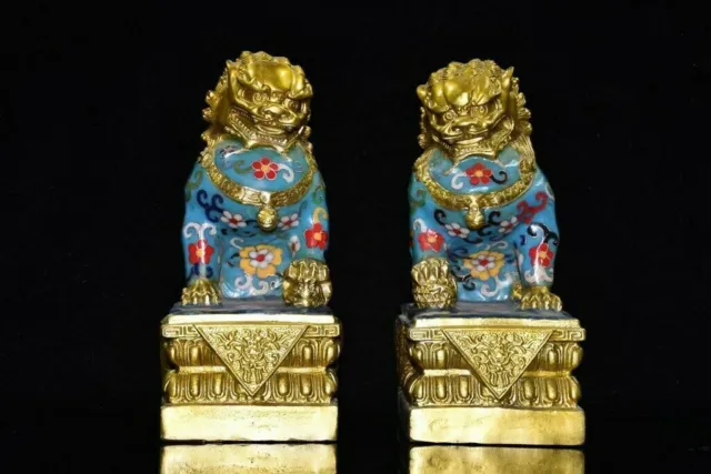 A Pair Chinese Copper Cloisonne Gilded Handmade Exquisite Lion Statue 21197