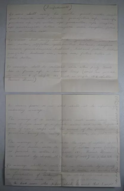 c1910s Hand-Written Impediments to Marriage Document Legal/Law Man/Woman