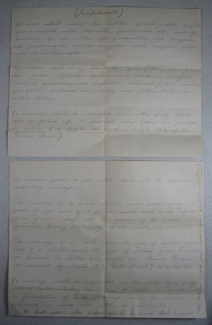 c1910s Hand-Written Impediments to Marriage Document Legal/Law Man/Woman